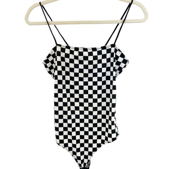 Windsor L Black White Checkered Square Neck Thin Bungee Strap Camisole Bodysuit - Picture 2 of 6